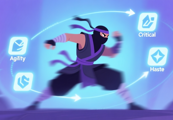 自动生成图片: A stylized ninja character in a dynamic, blurred motion pose, surrounded by glowing stat icons (Agility, Critical, Haste) and trajectory lines, soft blue and purple color scheme, minimalist game art style high quality illustration, detailed, 16:9