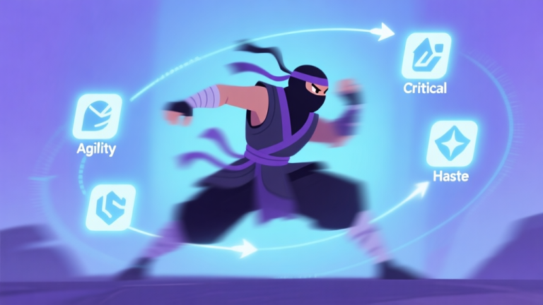 自动生成图片: A stylized ninja character in a dynamic, blurred motion pose, surrounded by glowing stat icons (Agility, Critical, Haste) and trajectory lines, soft blue and purple color scheme, minimalist game art style high quality illustration, detailed, 16:9