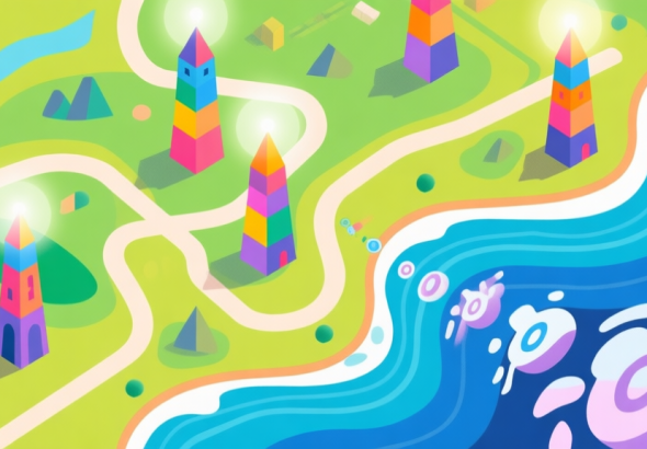 自动生成图片: A vibrant, top-down view of an Izowave map with colorful geometric towers strategically placed along winding paths, soft glow effects, and a wave of abstract enemy shapes approaching, in a flat design style high quality illustration, detailed, 16:9