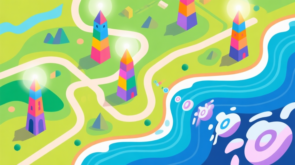 A vibrant, top-down view of an Izowave map with colorful geometric towers strategically placed along winding paths, soft glow effects, and a wave of abstract enemy shapes approaching, in a flat design style high quality illustration, detailed, 16:9
