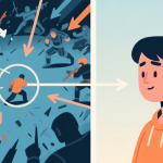 自动生成图片: Split-screen illustration showing a chaotic multiplayer battle scene on one side with arrows and focus lines pointing to a single, calm player character on the other side, soft color palette with muted blues and oranges high quality illustration, detailed, 16:9