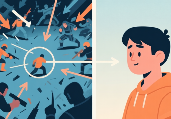 自动生成图片: Split-screen illustration showing a chaotic multiplayer battle scene on one side with arrows and focus lines pointing to a single, calm player character on the other side, soft color palette with muted blues and oranges high quality illustration, detailed, 16:9