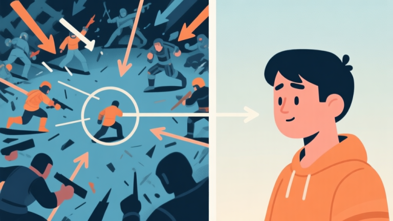 自动生成图片: Split-screen illustration showing a chaotic multiplayer battle scene on one side with arrows and focus lines pointing to a single, calm player character on the other side, soft color palette with muted blues and oranges high quality illustration, detailed, 16:9