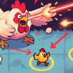自动生成图片: A dynamic, top-down pixel art scene of a chaotic boss fight in Super Fowlst 2. A large, monstrous chicken boss fills the top half, firing lasers and eggs. A small, heroic chicken avatar at the bottom dodges projectiles. Arrows and highlighted circles indicate attack patterns and safe zones. Soft, retro color palette with muted blues, reds, and yellows. high quality illustration, detailed, 16:9