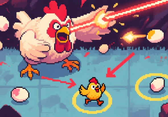自动生成图片: A dynamic, top-down pixel art scene of a chaotic boss fight in Super Fowlst 2. A large, monstrous chicken boss fills the top half, firing lasers and eggs. A small, heroic chicken avatar at the bottom dodges projectiles. Arrows and highlighted circles indicate attack patterns and safe zones. Soft, retro color palette with muted blues, reds, and yellows. high quality illustration, detailed, 16:9