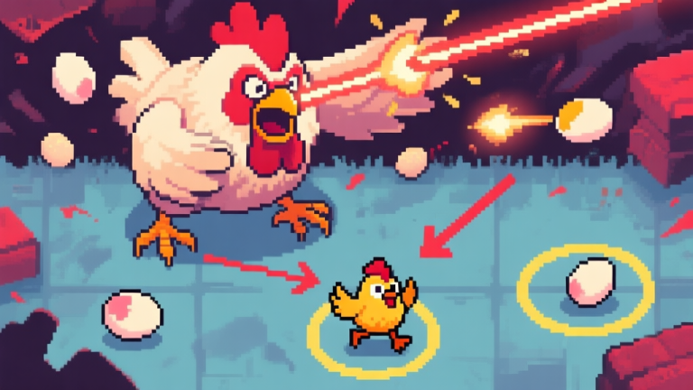 自动生成图片: A dynamic, top-down pixel art scene of a chaotic boss fight in Super Fowlst 2. A large, monstrous chicken boss fills the top half, firing lasers and eggs. A small, heroic chicken avatar at the bottom dodges projectiles. Arrows and highlighted circles indicate attack patterns and safe zones. Soft, retro color palette with muted blues, reds, and yellows. high quality illustration, detailed, 16:9