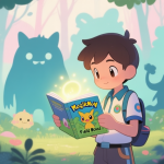 自动生成图片: A cozy, illustrated scene of a young trainer in a vibrant forest looking at a glowing Magikmon field guide, with various cute monster silhouettes in the background, soft pastel color palette high quality illustration, detailed, 16:9