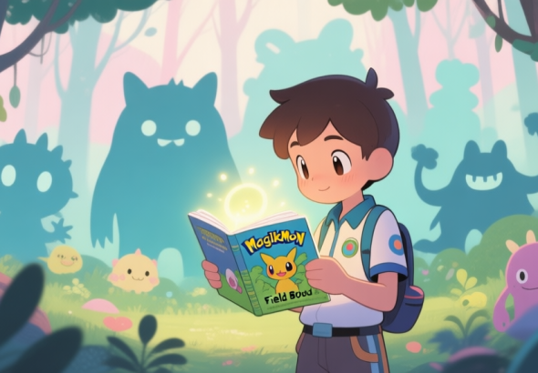 自动生成图片: A cozy, illustrated scene of a young trainer in a vibrant forest looking at a glowing Magikmon field guide, with various cute monster silhouettes in the background, soft pastel color palette high quality illustration, detailed, 16:9