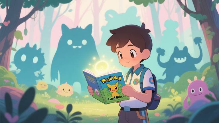 自动生成图片: A cozy, illustrated scene of a young trainer in a vibrant forest looking at a glowing Magikmon field guide, with various cute monster silhouettes in the background, soft pastel color palette high quality illustration, detailed, 16:9