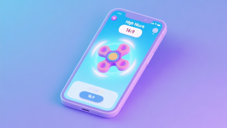 自动生成图片: A stylized, minimalist smartphone screen showing a vibrant fidget spinner game interface with a high score pop-up, soft glowing effects around the spinner, pastel color palette with blues and purples high quality illustration, detailed, 16:9