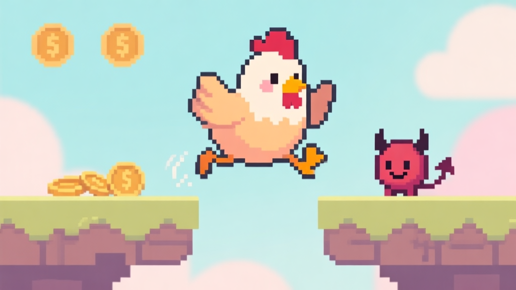 A cute, pixel-art style chicken character mid-jump between two simple, floating platforms, with a few coins and a small, smiling devil character in the background, soft pastel colors, clean and friendly game illustration high quality illustration, detailed, 16:9