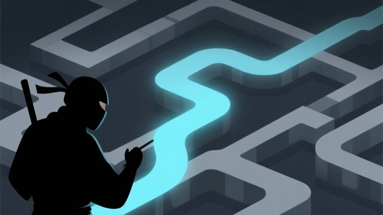自动生成图片: A minimalist game scene showing a ninja silhouette analyzing multiple possible path routes on a dark level map, with one glowing optimal path, soft blue and grey color scheme, flat design high quality illustration, detailed, 16:9