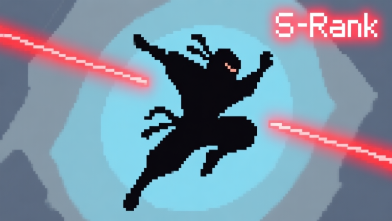 自动生成图片: A pixel art ninja character in a dark silhouette, mid-air between two red laser beams, with a glowing score counter showing 'S-Rank' in the corner, soft blue and grey color palette high quality illustration, detailed, 16:9