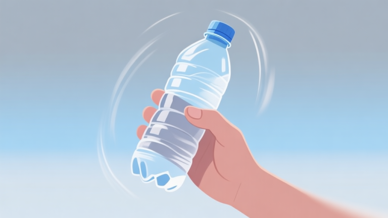 自动生成图片: A hand holding a plastic water bottle mid-flip, with subtle motion blur lines showing rotation, against a clean, minimalist background in soft blue and grey tones high quality illustration, detailed, 16:9