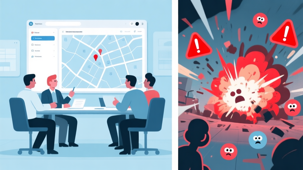 A split-screen illustration showing a calm, strategic team planning session on one side (with clean UI and maps), and sudden chaotic in-game action on the other (with explosions, red warning signals, and confused character icons), in a soft color palette of blues and muted reds high quality illustration, detailed, 16:9