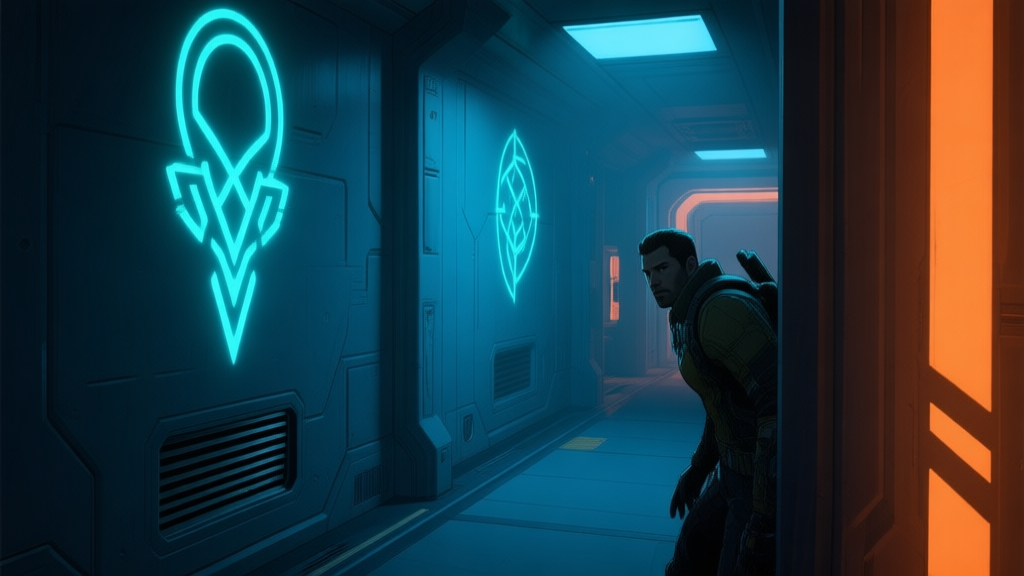 A dimly lit, futuristic game corridor in Sector 781, with cryptic glowing symbols on the walls, a hidden vent slightly ajar, and a player character cautiously peering around a corner, soft blue and orange lighting high quality illustration, detailed, 16:9