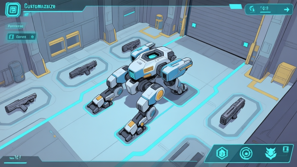 A top-down view of a sleek, customizable mech in a hangar interface, showing slots for weapons, legs, core, and abilities. Soft blue and grey color scheme with highlighted connection lines between components high quality illustration, detailed, 16:9