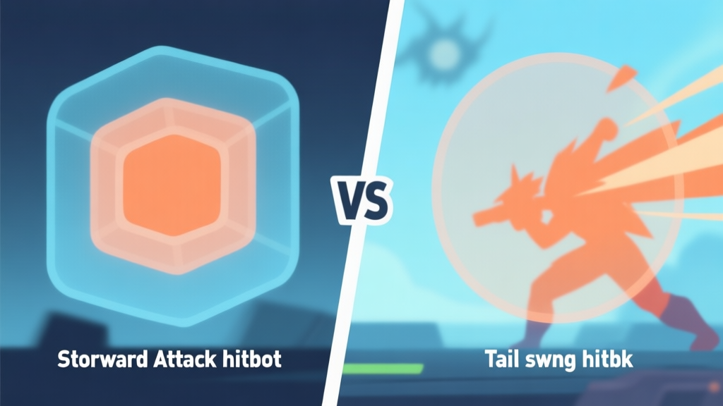Side-by-side comparison of a standard forward attack hitbox versus a tail swing attack hitbox in a video game, shown as translucent colored areas, minimalist style with soft blue and orange colors high quality illustration, detailed, 16:9