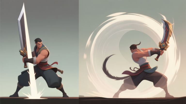 自动生成图片: A side-view comparison of two video game character attack animations. On the left, a standard vertical slash with a clear, narrow hitbox. On the right, a dynamic tail swing attack where the weapon's arc creates a wide, circular area of effect behind and to the side of the character, illustrated with a subtle transparent overlay. Soft game art style, muted colors. high quality illustration, detailed, 16:9