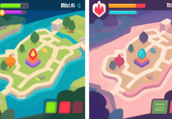自动生成图片: Split-screen comparison of a game's minimap and health bars, left side shows standard colors looking identical, right side shows adjusted colors with high contrast and distinct shapes, soft color palette high quality illustration, detailed, 16:9