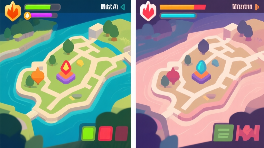 Split-screen comparison of a game's minimap and health bars, left side shows standard colors looking identical, right side shows adjusted colors with high contrast and distinct shapes, soft color palette high quality illustration, detailed, 16:9