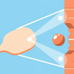 自动生成图片: Side-view diagram of a brick breaker paddle and ball, showing angle of incidence and reflection at different hit points, minimalist vector style with soft blue and orange colors high quality illustration, detailed, 16:9
