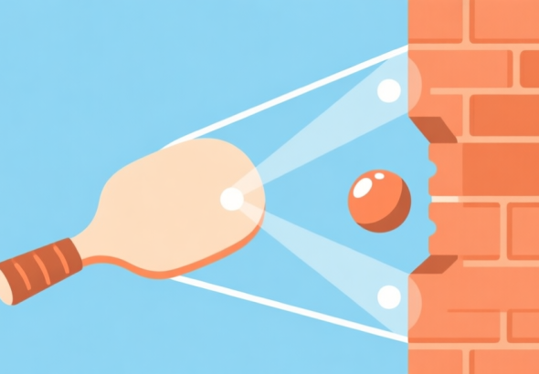 自动生成图片: Side-view diagram of a brick breaker paddle and ball, showing angle of incidence and reflection at different hit points, minimalist vector style with soft blue and orange colors high quality illustration, detailed, 16:9