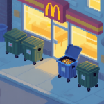 自动生成图片: A stylized, top-down view of a pixel-art city alley at dusk, featuring several dumpsters behind a stylized fast-food restaurant. One dumpster lid is slightly ajar with a subtle glow, hinting at valuable loot inside. The color palette is muted with soft blues and greys, accented by warm yellow light from the restaurant windows. high quality illustration, detailed, 16:9