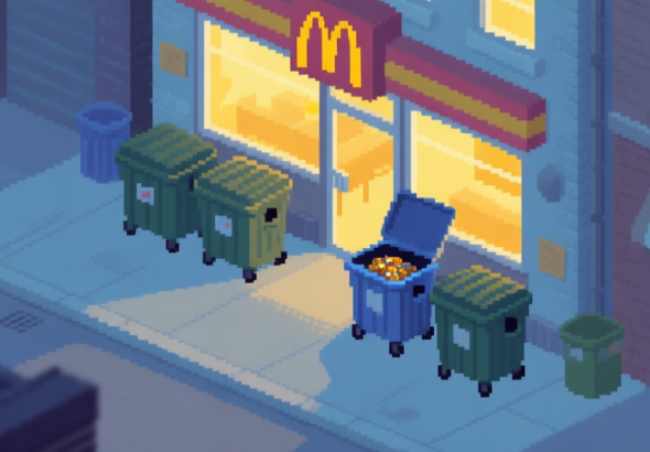自动生成图片: A stylized, top-down view of a pixel-art city alley at dusk, featuring several dumpsters behind a stylized fast-food restaurant. One dumpster lid is slightly ajar with a subtle glow, hinting at valuable loot inside. The color palette is muted with soft blues and greys, accented by warm yellow light from the restaurant windows. high quality illustration, detailed, 16:9