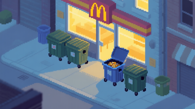 自动生成图片: A stylized, top-down view of a pixel-art city alley at dusk, featuring several dumpsters behind a stylized fast-food restaurant. One dumpster lid is slightly ajar with a subtle glow, hinting at valuable loot inside. The color palette is muted with soft blues and greys, accented by warm yellow light from the restaurant windows. high quality illustration, detailed, 16:9