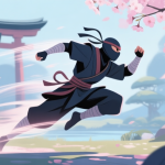 自动生成图片: A dynamic, stylized illustration of a ninja character mid-action, performing a high-speed dash leaving afterimages, against a backdrop of a serene Japanese garden with cherry blossoms, soft color palette with muted blues and pinks high quality illustration, detailed, 16:9