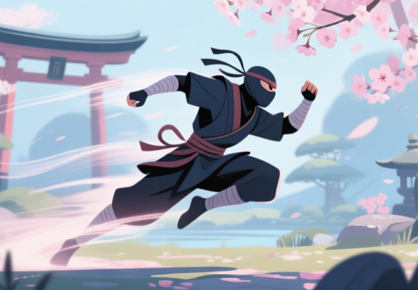 自动生成图片: A dynamic, stylized illustration of a ninja character mid-action, performing a high-speed dash leaving afterimages, against a backdrop of a serene Japanese garden with cherry blossoms, soft color palette with muted blues and pinks high quality illustration, detailed, 16:9