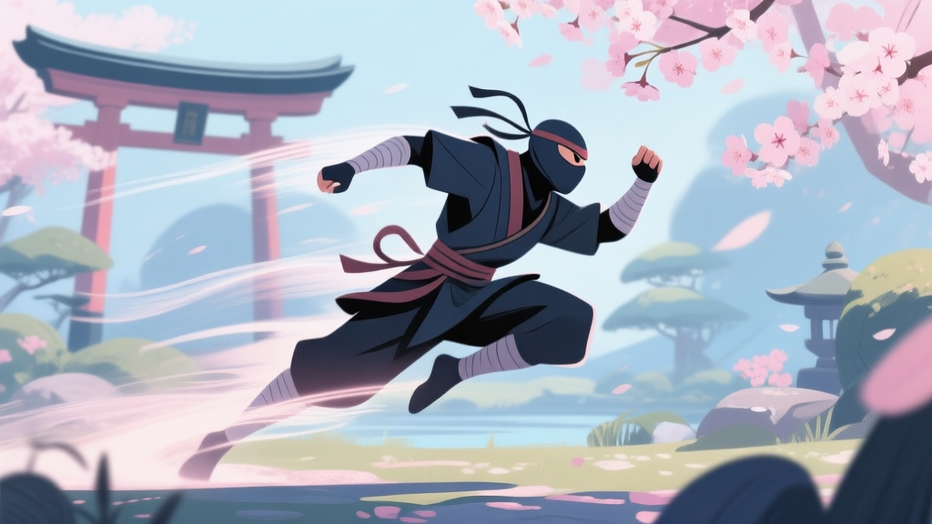 A dynamic, stylized illustration of a ninja character mid-action, performing a high-speed dash leaving afterimages, against a backdrop of a serene Japanese garden with cherry blossoms, soft color palette with muted blues and pinks high quality illustration, detailed, 16:9