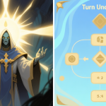 自动生成图片: A split-screen illustration showing the visual effect of a Turn Undead ability on the left (holy light radiating from a cleric) and a simplified, abstract flowchart of game mechanics calculations on the right, using a soft blue and gold color scheme high quality illustration, detailed, 16:9