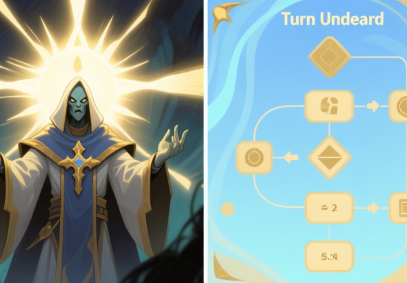 自动生成图片: A split-screen illustration showing the visual effect of a Turn Undead ability on the left (holy light radiating from a cleric) and a simplified, abstract flowchart of game mechanics calculations on the right, using a soft blue and gold color scheme high quality illustration, detailed, 16:9