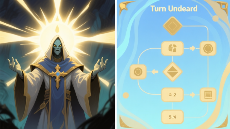 自动生成图片: A split-screen illustration showing the visual effect of a Turn Undead ability on the left (holy light radiating from a cleric) and a simplified, abstract flowchart of game mechanics calculations on the right, using a soft blue and gold color scheme high quality illustration, detailed, 16:9