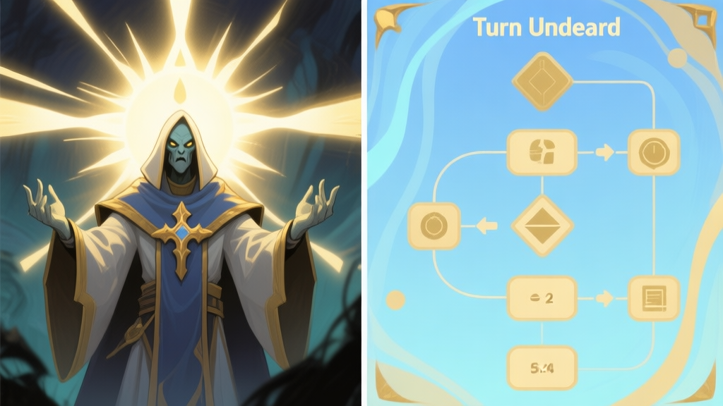 A split-screen illustration showing the visual effect of a Turn Undead ability on the left (holy light radiating from a cleric) and a simplified, abstract flowchart of game mechanics calculations on the right, using a soft blue and gold color scheme high quality illustration, detailed, 16:9