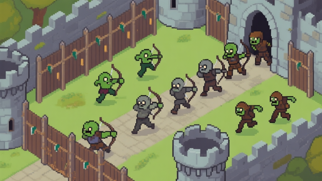 A top-down view of a pixel-art castle courtyard under siege, showing distinct waves of zombies (slow green, fast grey, armored brown) approaching layered defenses of archer towers and stone walls, with a clear pathing pattern visible high quality illustration, detailed, 16:9