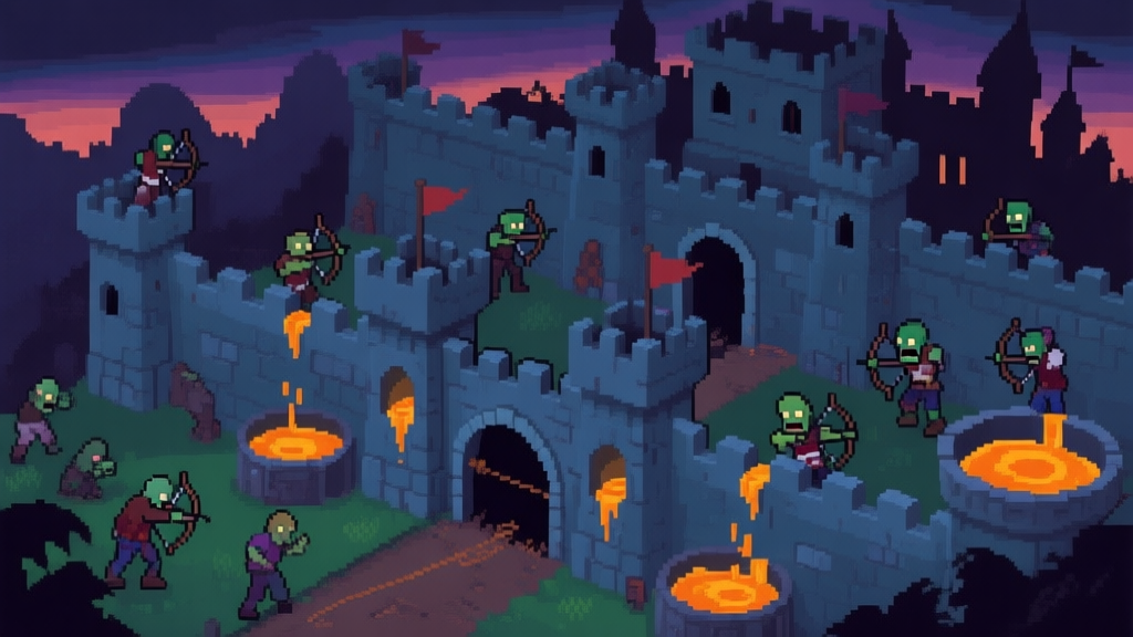 Top-down view of a pixel-art castle under siege by zombies, showing layered defenses with archers on walls, boiling oil traps, and a choke point at the gate, in a dark twilight color scheme high quality illustration, detailed, 16:9