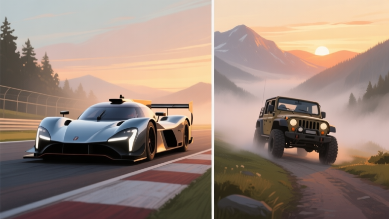 自动生成图片: A split-screen image contrasting a sleek race car on a track against a rugged off-road vehicle exploring a misty mountain path at sunset, soft natural lighting, painted in a warm, inviting color palette high quality illustration, detailed, 16:9
