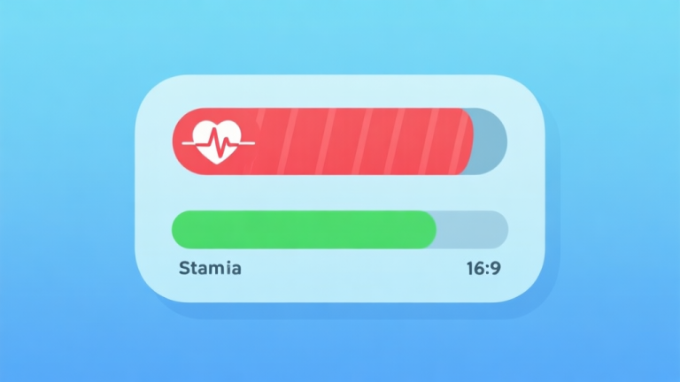 自动生成图片: A minimalist video game UI overlay showing a health bar in red and a stamina bar in green, with the stamina bar partially depleted. Soft blue background, clean design, flat illustration style high quality illustration, detailed, 16:9