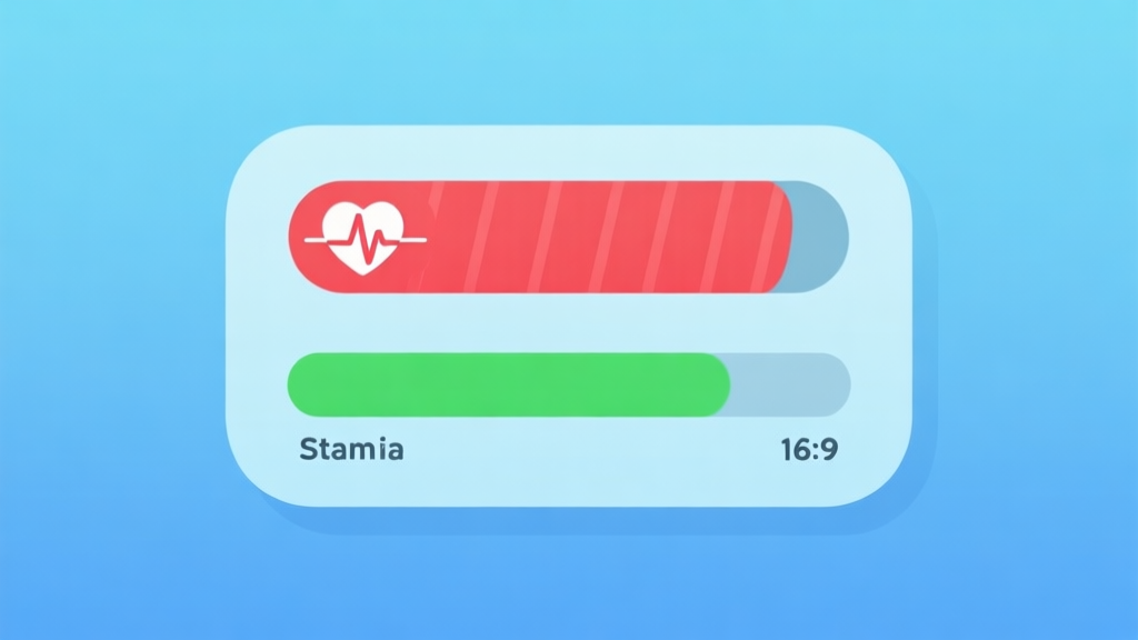 A minimalist video game UI overlay showing a health bar in red and a stamina bar in green, with the stamina bar partially depleted. Soft blue background, clean design, flat illustration style high quality illustration, detailed, 16:9