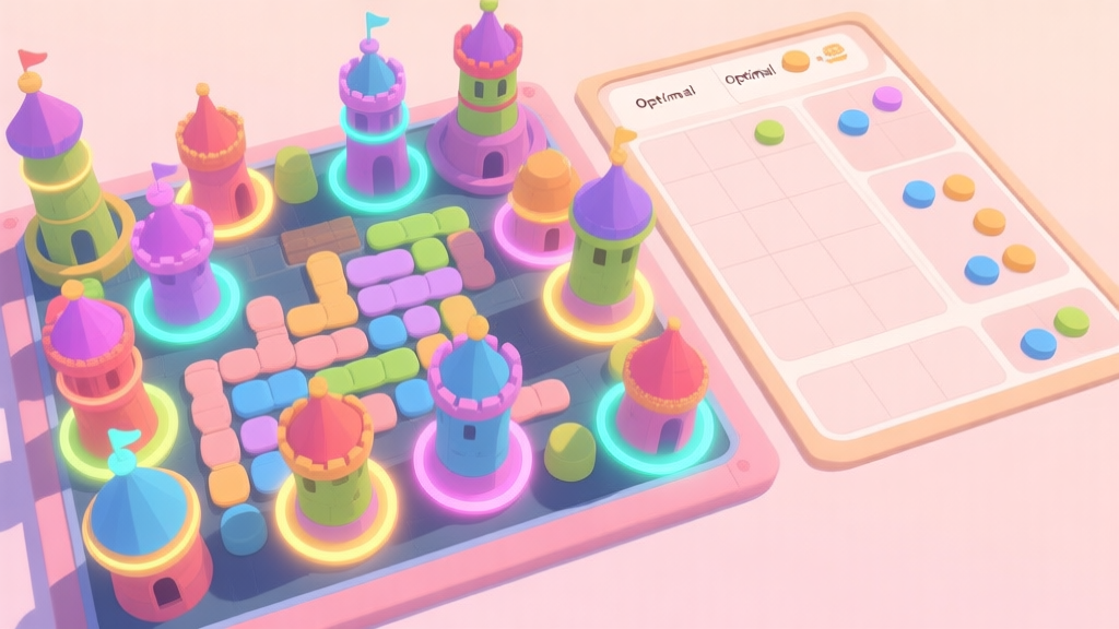 A top-down view of a cluttered merge game board with colorful towers, some highlighted with glowing edges, and a clean, organized section next to it showing optimal placement, in a soft pastel color scheme high quality illustration, detailed, 16:9