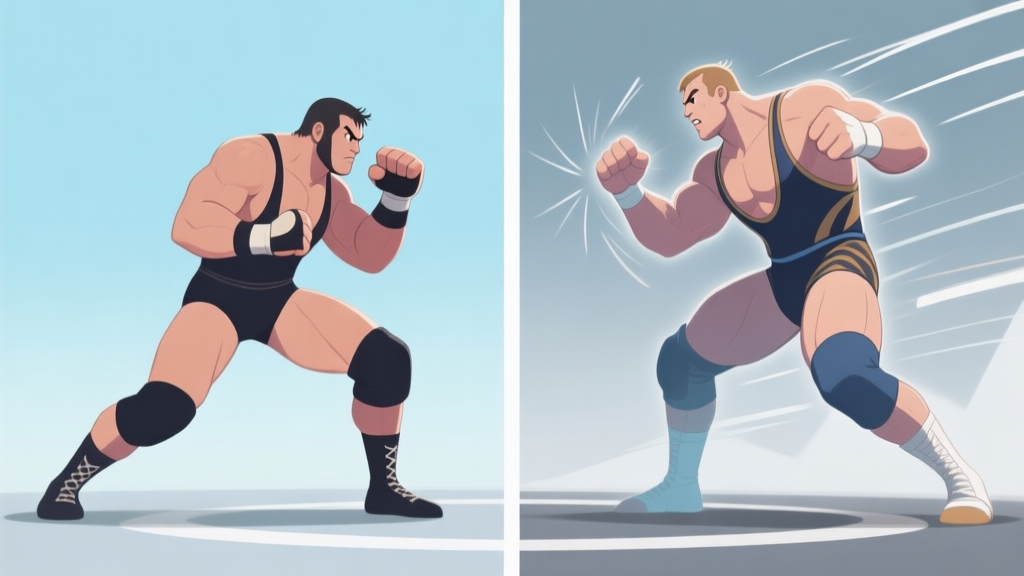 Split-screen illustration showing two contrasting wrestlers from a fighting game, one in a defensive stance blocking, the other mid-attack. The visual is clean, using a soft color palette of blues and greys, with subtle motion lines to indicate strategy and counter-play. high quality illustration, detailed, 16:9