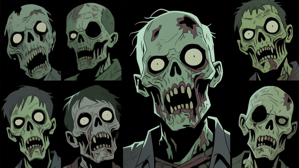 A collage of iconic zombie heads from various video games, stylized in a dark, artistic illustration with a focus on decaying textures and empty eyes, muted green and grey color palette high quality illustration, detailed, 16:9