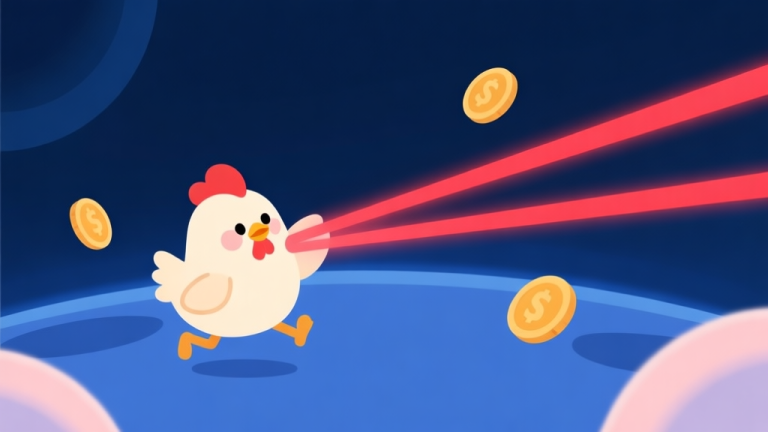 自动生成图片: A minimalist game scene showing a cute cartoon chicken character dodging red laser beams in a dark blue space background, coins floating nearby, soft pastel colors, clean lines high quality illustration, detailed, 16:9