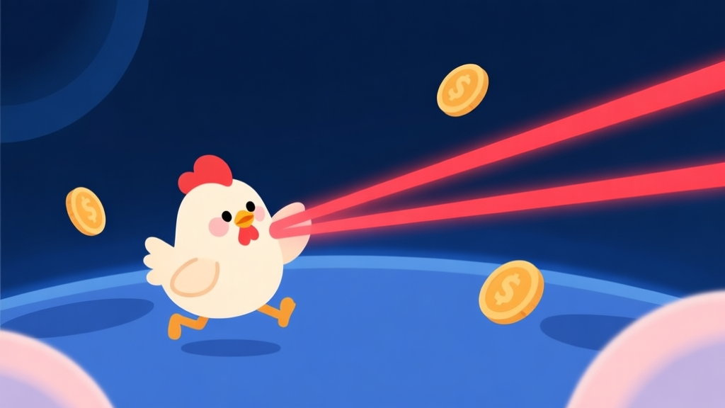 A minimalist game scene showing a cute cartoon chicken character dodging red laser beams in a dark blue space background, coins floating nearby, soft pastel colors, clean lines high quality illustration, detailed, 16:9