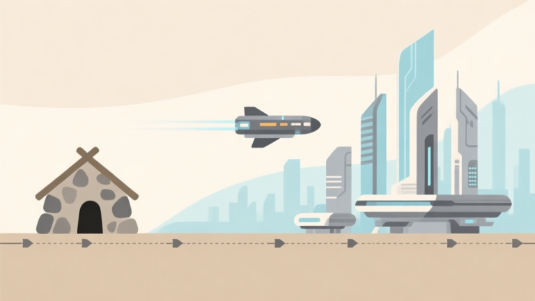 自动生成图片: A minimalist timeline illustration showing progression from a simple stone hut to a futuristic city with spaceships, using a soft color palette of beige, light blue, and grey, flat design style high quality illustration, detailed, 16:9