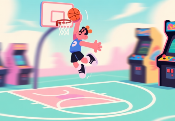 自动生成图片: A chaotic and fun arcade basketball scene with a stylized character mid-air about to dunk, motion blur effects, soft pastel colors of court, simple and exaggerated shapes high quality illustration, detailed, 16:9