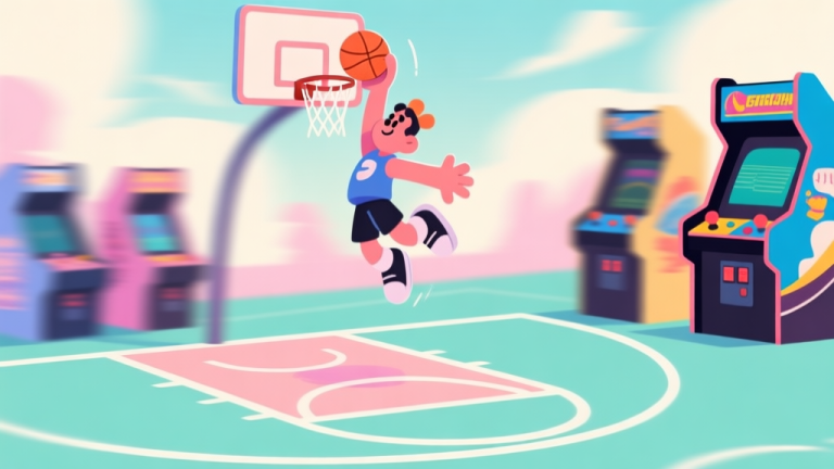 自动生成图片: A chaotic and fun arcade basketball scene with a stylized character mid-air about to dunk, motion blur effects, soft pastel colors of court, simple and exaggerated shapes high quality illustration, detailed, 16:9